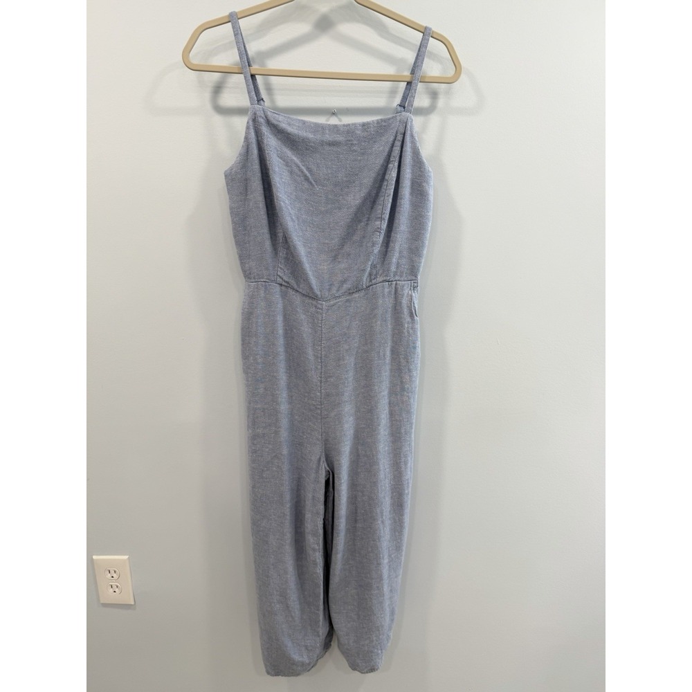 Old Navy Linen Rayon Gray Cropped Jumpsuit Large Sleeveless Ruched Back - Picture 4 of 10
